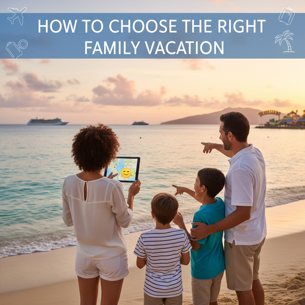 Professional blog header image for article titled: How to Choose the Right Family Vacation. High quality, relevant imagery, clean composition.