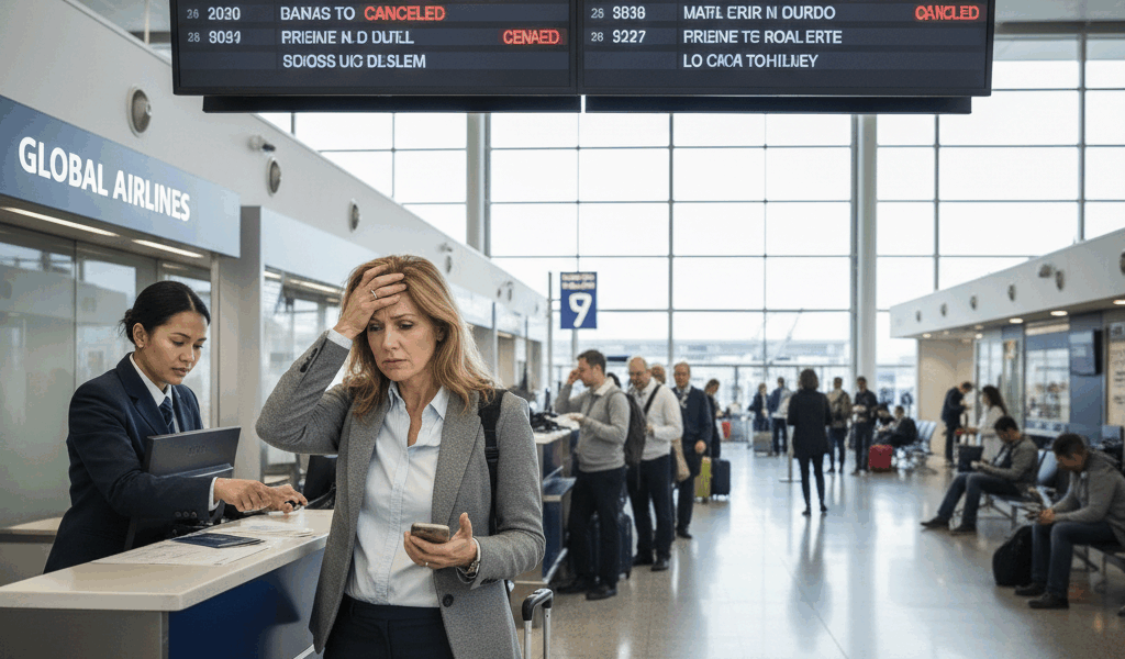 Stressed traveler at airport departure board