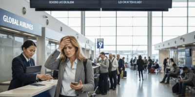 Stressed traveler at airport departure board