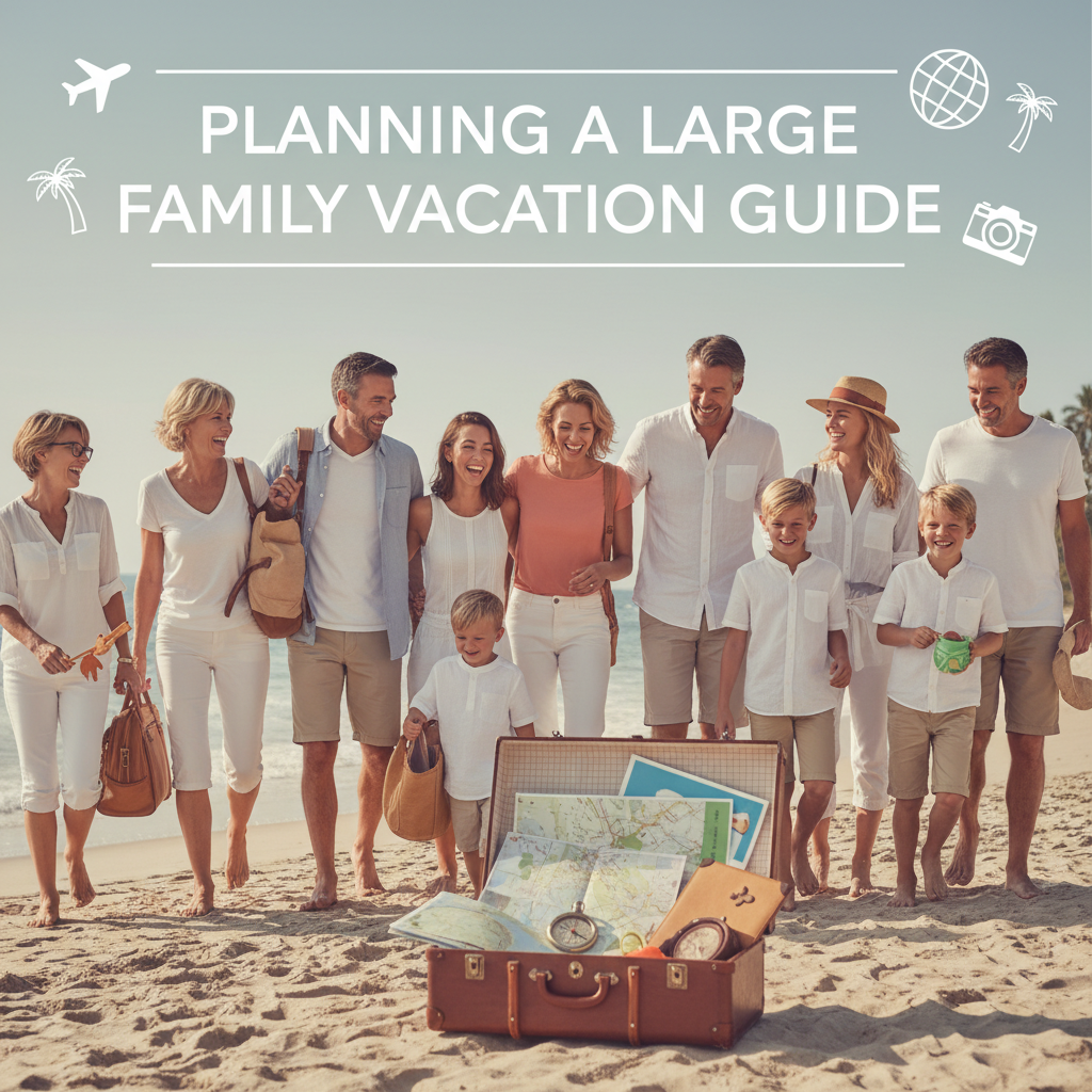 Professional blog header image for article titled: Planning a Large Family Vacation Guide. High quality, relevant imagery, clean composition.